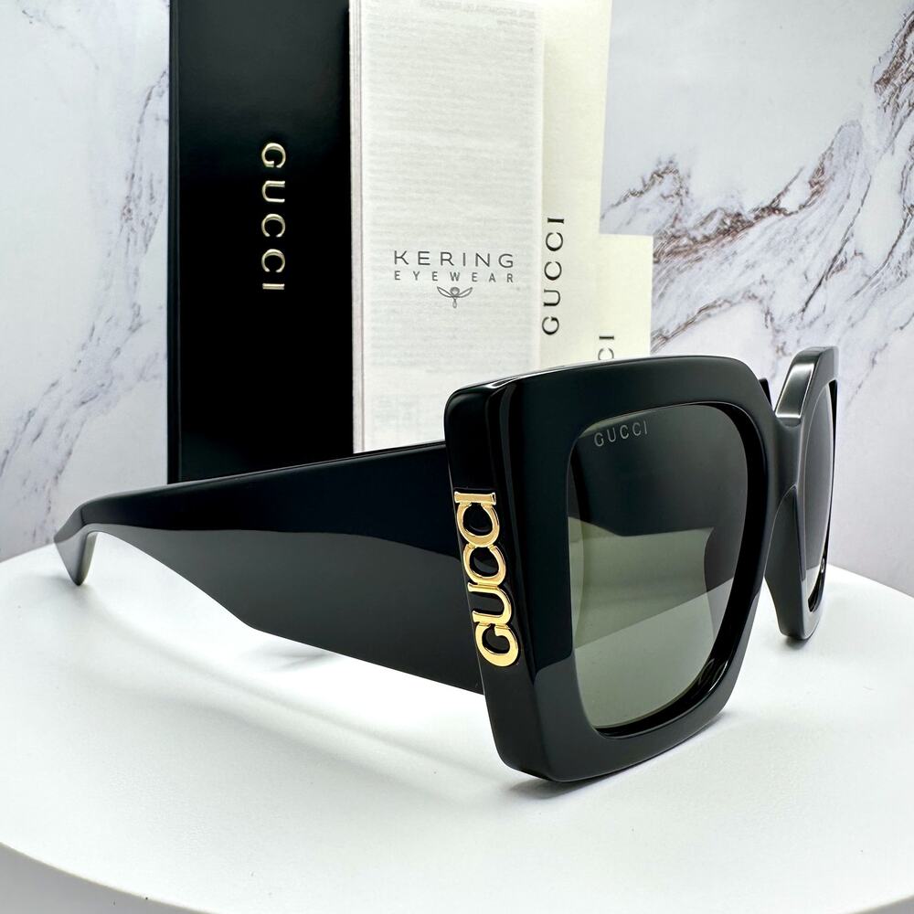 New GUCCI Sunglasses Black Gold Logo Square Oversized 51mm Grey Lens Womens